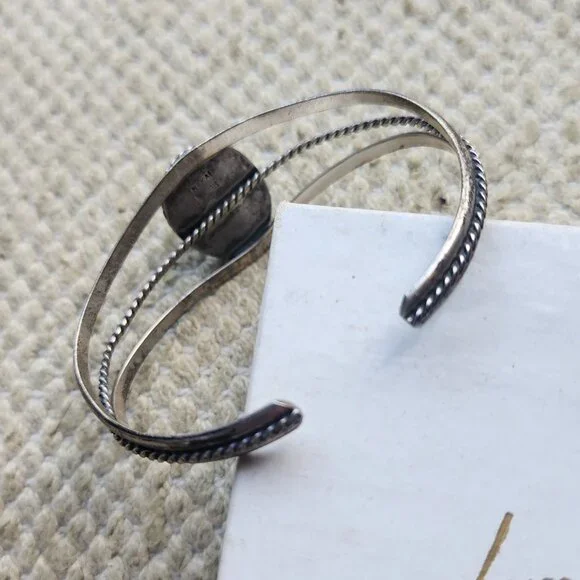 Vintage Navajo Oval Turquoise Green Stone Sterling Silver Cuff Twist Bracelet - Picture 5 of 9